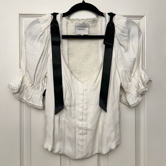 Reformation Inara Satin Bow Top Women’s Size 2 Small Smocked Fitted Blouse - Picture 2 of 11